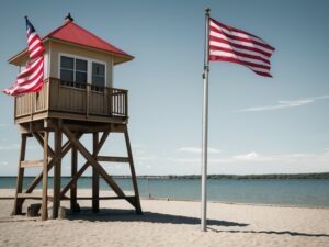 Drewniana wieża ratownicza na piaszczystej plaży i maszt z czerwono-białą flagą nad jeziorem