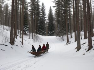 Kilka osób zjeżdża na sankach leśną drogą wśród ośnieżonych świerków